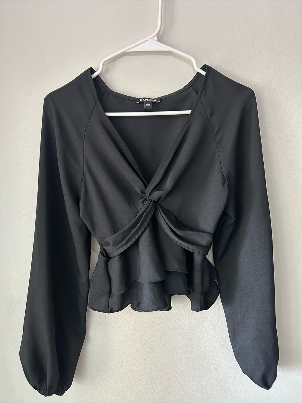 Express Black Long-Sleeve Twist-Front Ruffle Blouse